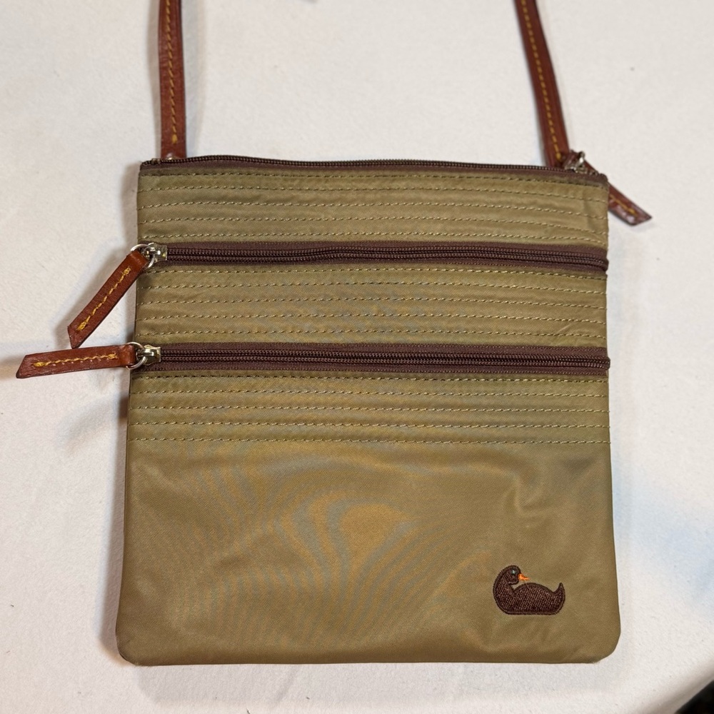 Dooney &‎ Bourke North South Triple Zip Khaki Nylon Leather Trim Crossbody Duck